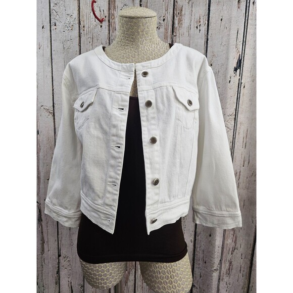 NORTHSTYLE Women's Large Cropped Denim Jacket White Button Up Jean Cotton EUC - Picture 2 of 11